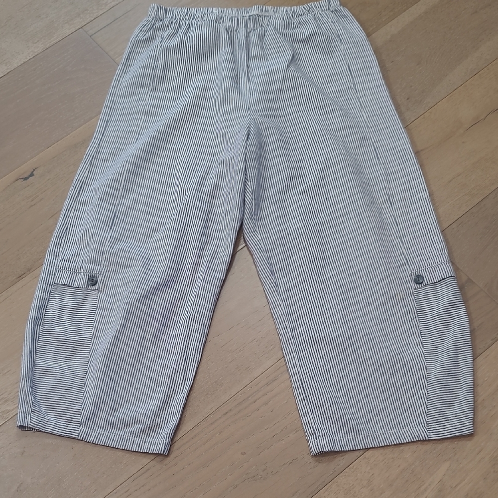 EUC Lisa Bayne Pants Women's sz M Blue/White Striped Linen Wide Leg Balloon Pant